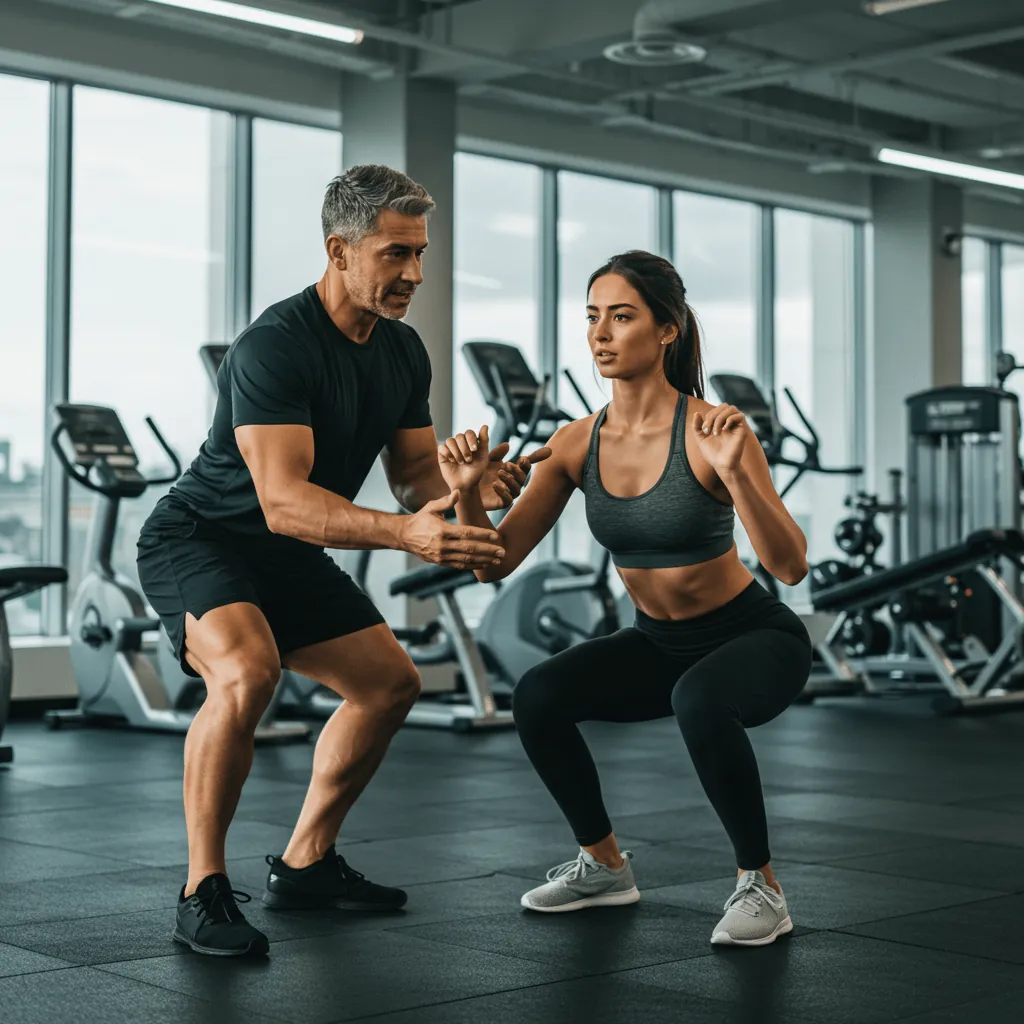 Personal trainer coaching a client in a modern gym with Bookme fitness booking software